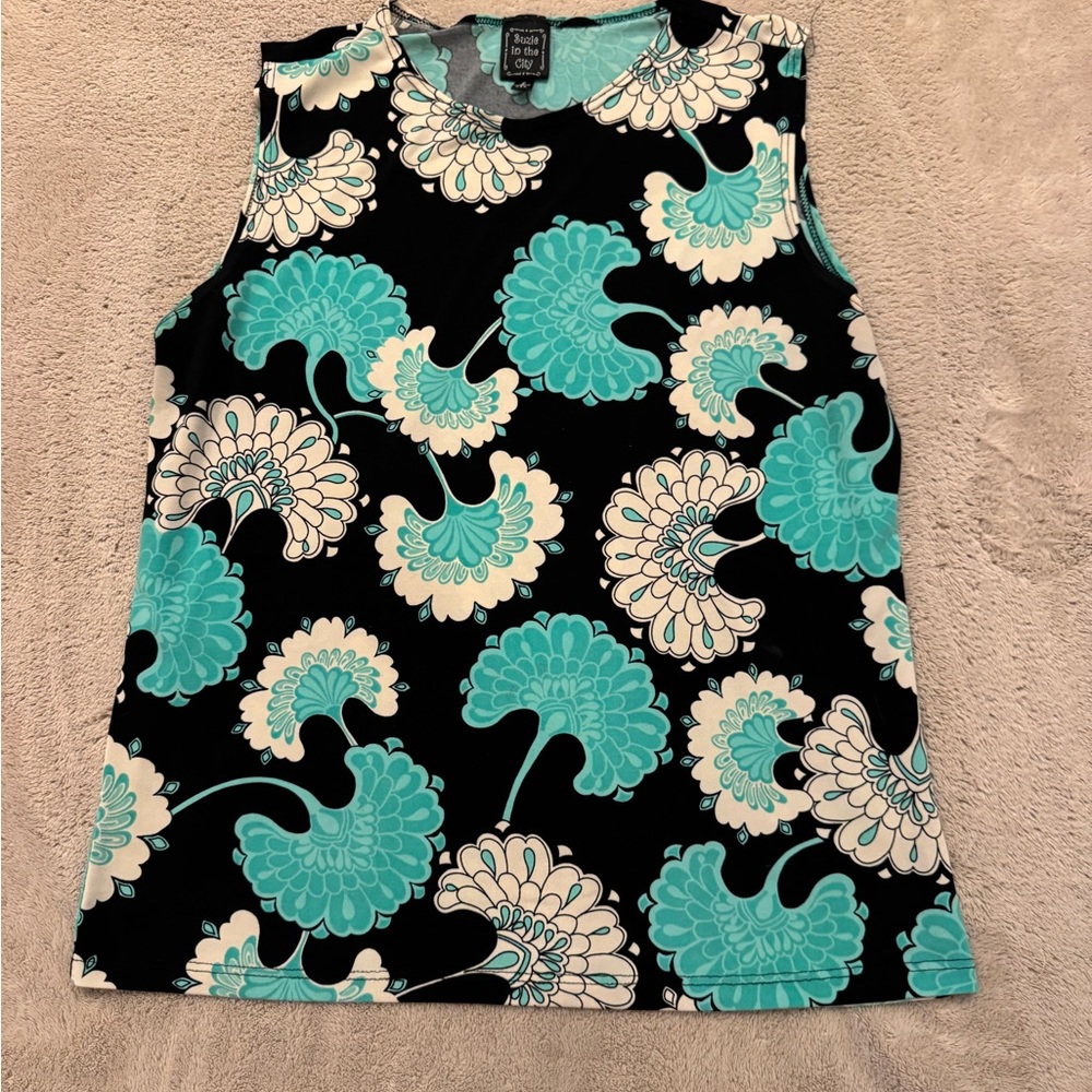 Suzie In The City Floral Top - Black and Teal Size Large